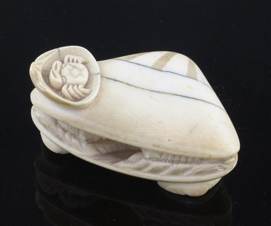 A Japanese ivory okimono of The Clams Dream, 19th century, 6.5cm, faults